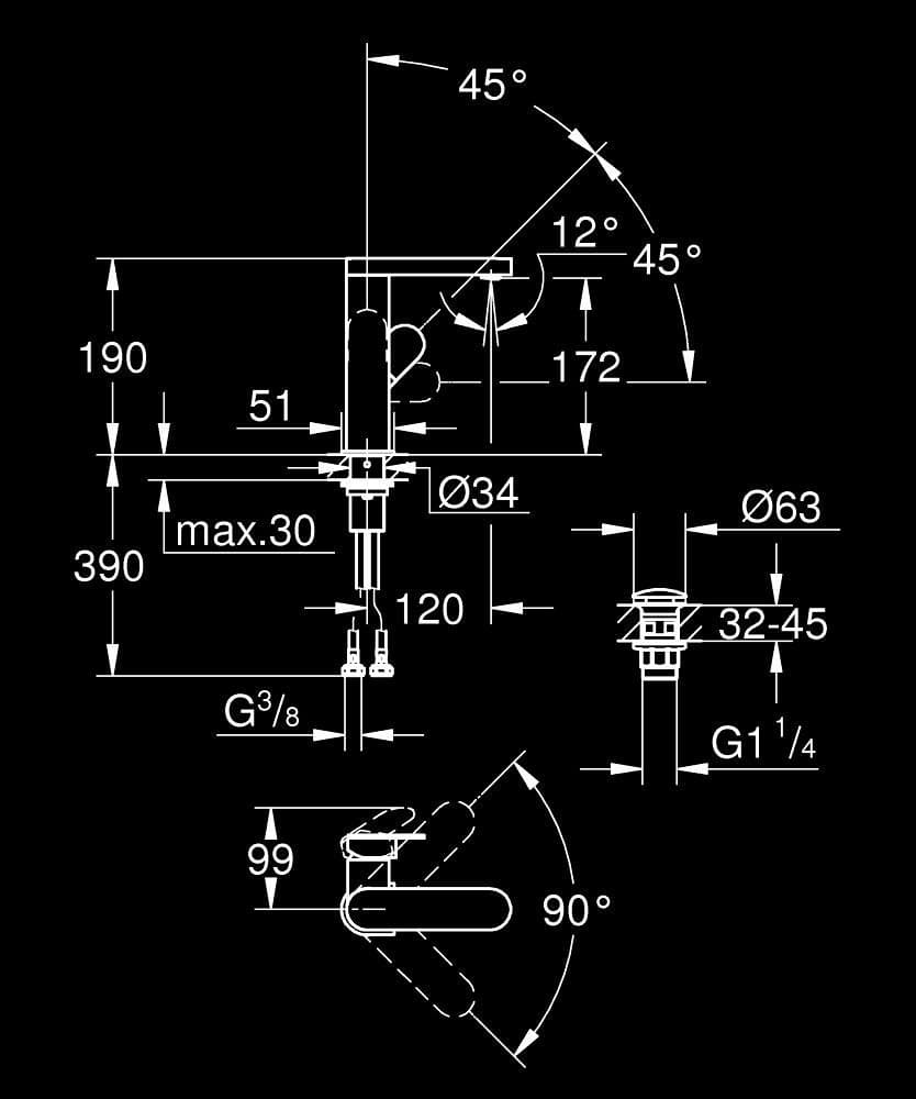 GROHE Plus Baterie lavoar monocomandă 1/2" Mărimea M - desen tehnic cu cote