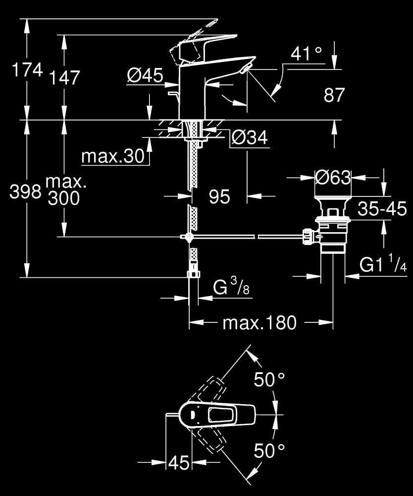 GROHE BauLoop Baterie lavoar monocomandă 1/2" - desen tehnic cu cote