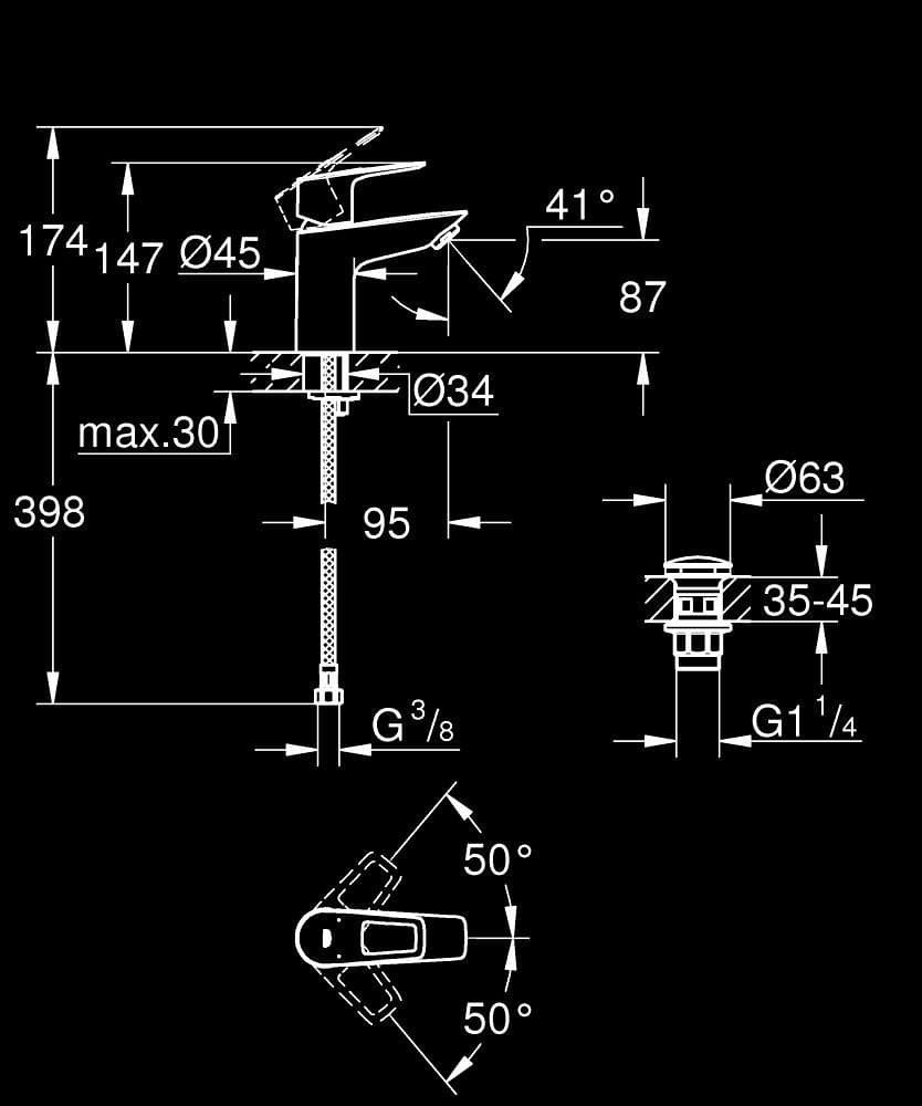 GROHE Start Loop Baterie lavoar monocomandă 1/2" - desen tehnic cu cote