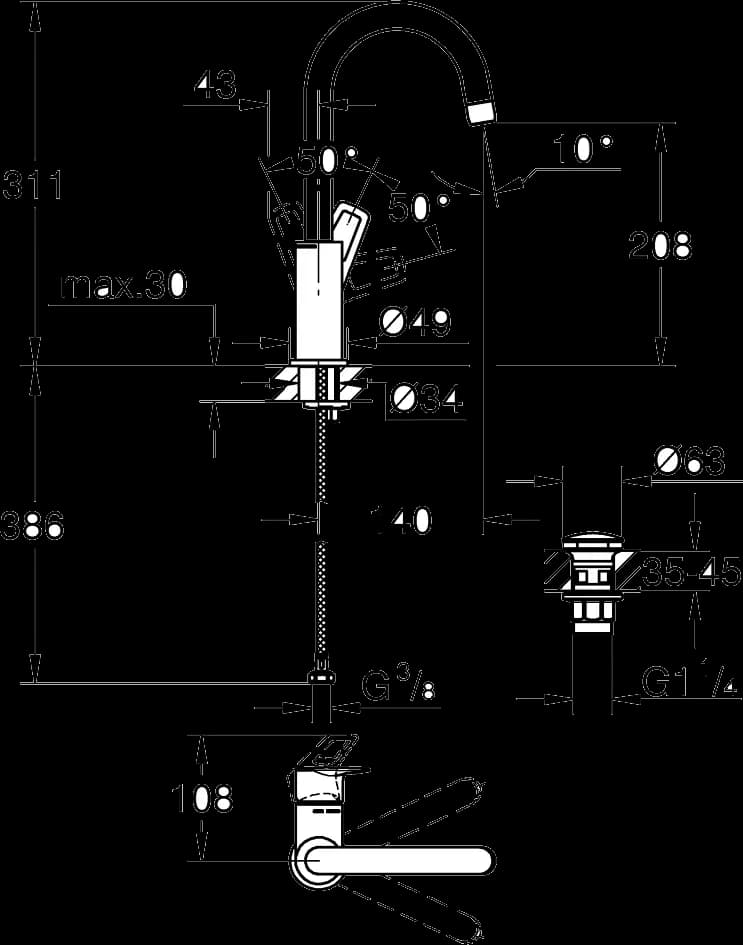 GROHE BauLoop Baterie lavoar monocomandă 1/2" Mărimea L - desen tehnic cu cote