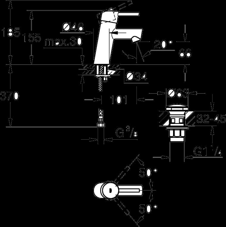 GROHE Concetto Baterie lavoar monocomandă 1/2" - desen tehnic cu cote