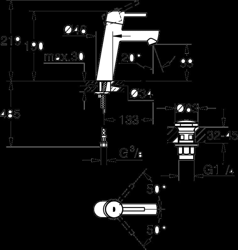 GROHE Concetto Baterie lavoar monocomandă 1/2" Mărimea M - desen tehnic cu cote