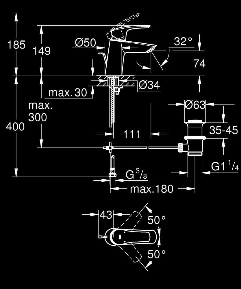 GROHE Eurosmart Baterie lavoar monocomandă 1/2" - desen tehnic cu cote