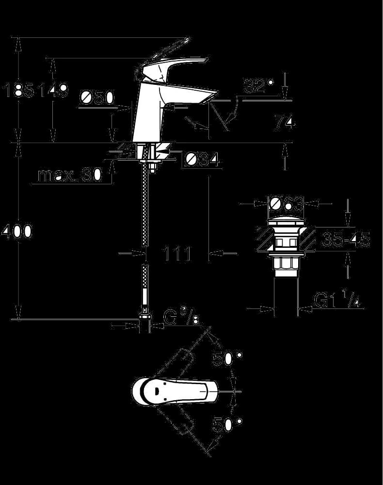 GROHE Eurosmart Baterie lavoar monocomandă 1/2" - desen tehnic cu cote