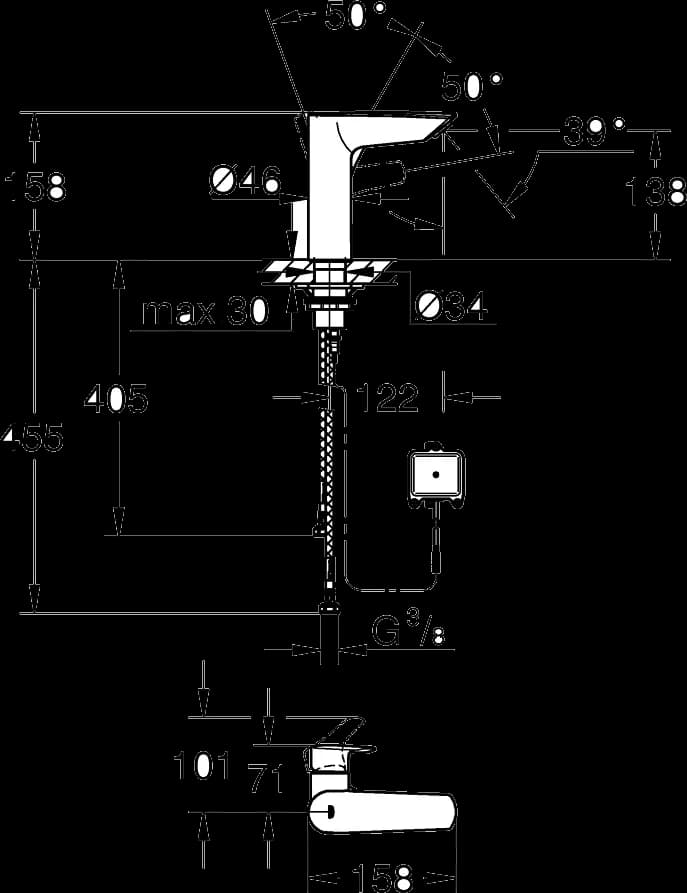 GROHE Eurosmart Baterie lavoar monocomandă 1/2" Mărimea M - desen tehnic cu cote