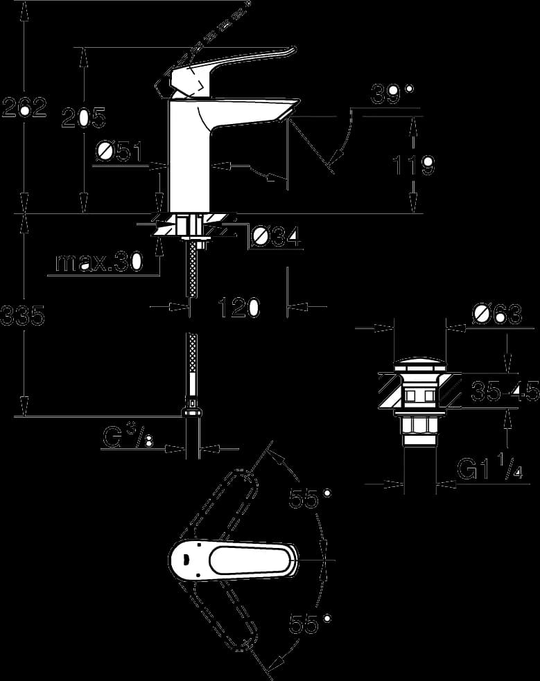 GROHE Eurosmart Baterie lavoar monocomandă 1/2" Mărimea M - desen tehnic cu cote