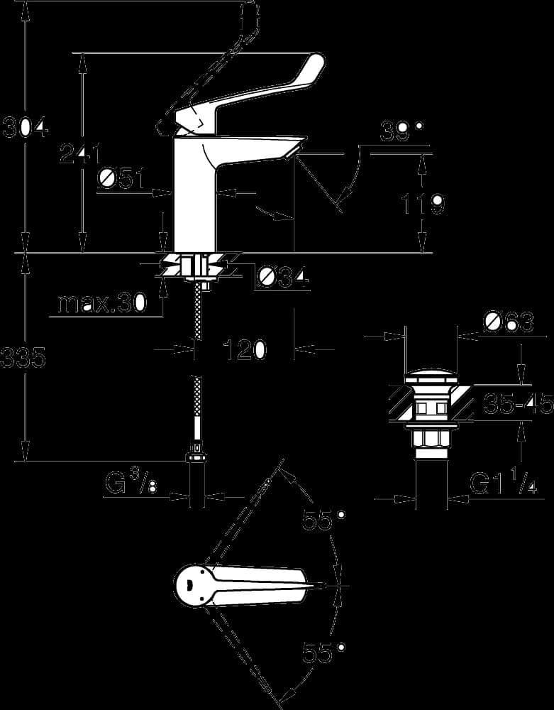 GROHE Eurosmart Care Baterie lavoar monocomandă 1/2" Mărimea M - desen tehnic cu cote