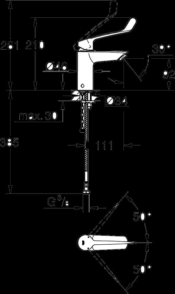 GROHE Eurosmart Baterie lavoar monocomandă 1/2" - desen tehnic cu cote