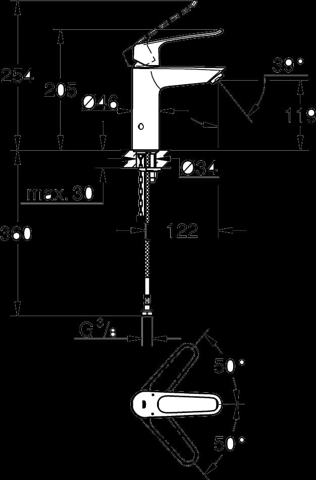 GROHE Eurosmart Baterie lavoar monocomandă 1/2" Mărimea M - desen tehnic cu cote