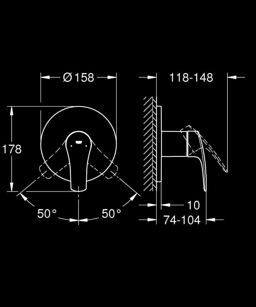 GROHE Eurosmart Baterie duş monocomandă - desen tehnic cu cote