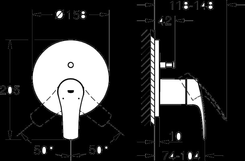 GROHE Eurosmart Baterie monocomandă cu divertor cu două căi - desen tehnic cu cote