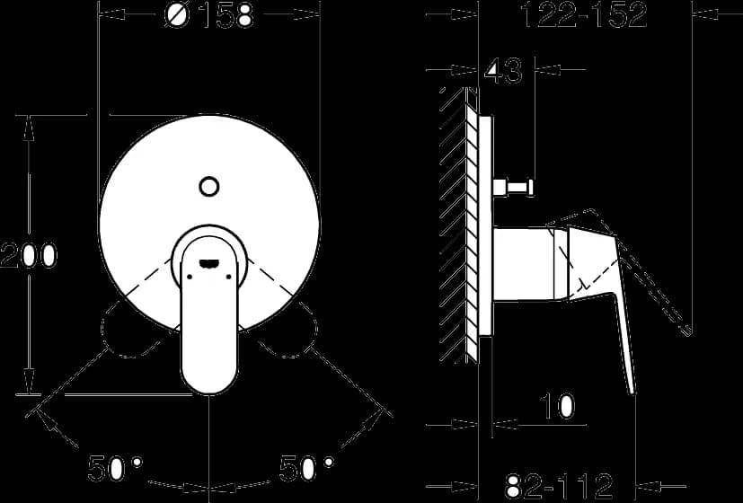 GROHE Eurosmart Cosmopolitan Baterie monocomandă cu divertor cu două căi - desen tehnic cu cote