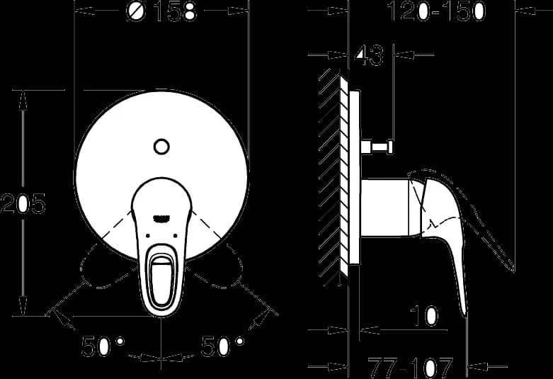 GROHE Eurostyle Baterie monocomandă cu divertor cu două căi - desen tehnic cu cote