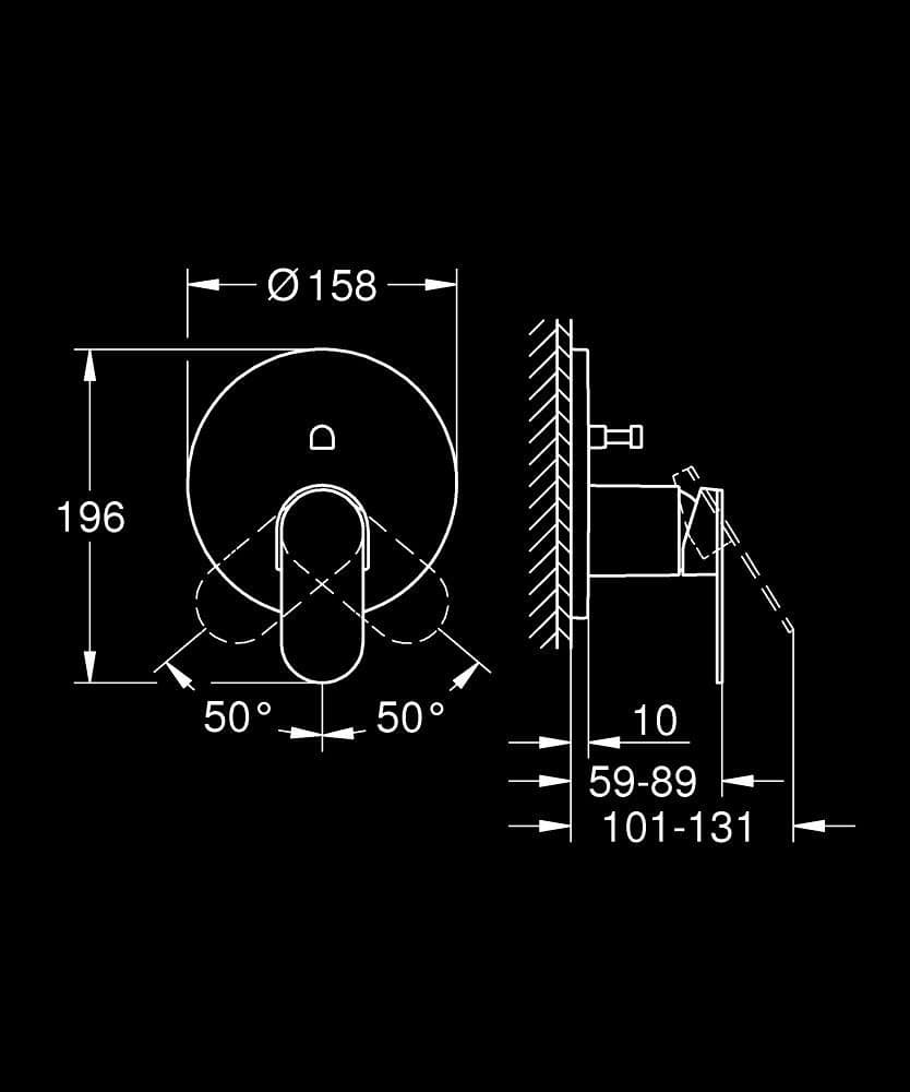 GROHE Plus Baterie monocomandă cu divertor cu două căi - desen tehnic cu cote