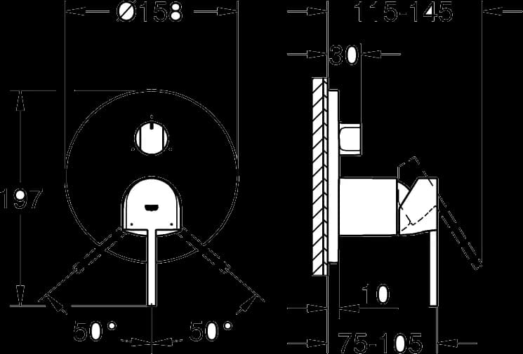 GROHE Plus Baterie monocomandă cu comutator cu 3 căi - desen tehnic cu cote