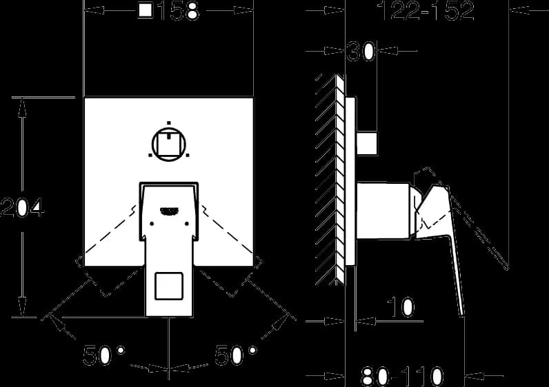 GROHE Eurocube Baterie monocomandă cu comutator cu 3 căi - desen tehnic cu cote