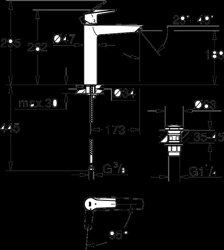 GROHE Start Baterie lavoar monocomandă 1/2" Mărimea XL - desen tehnic cu cote