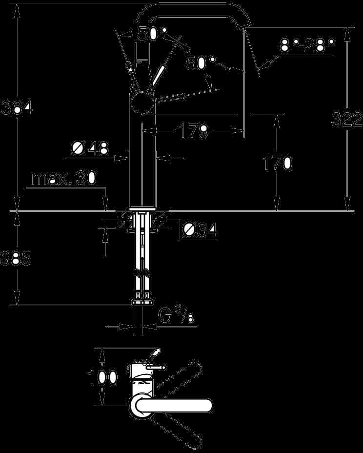 GROHE Essence Baterie lavoar monocomandă 1/2" Mărimea XL - desen tehnic cu cote