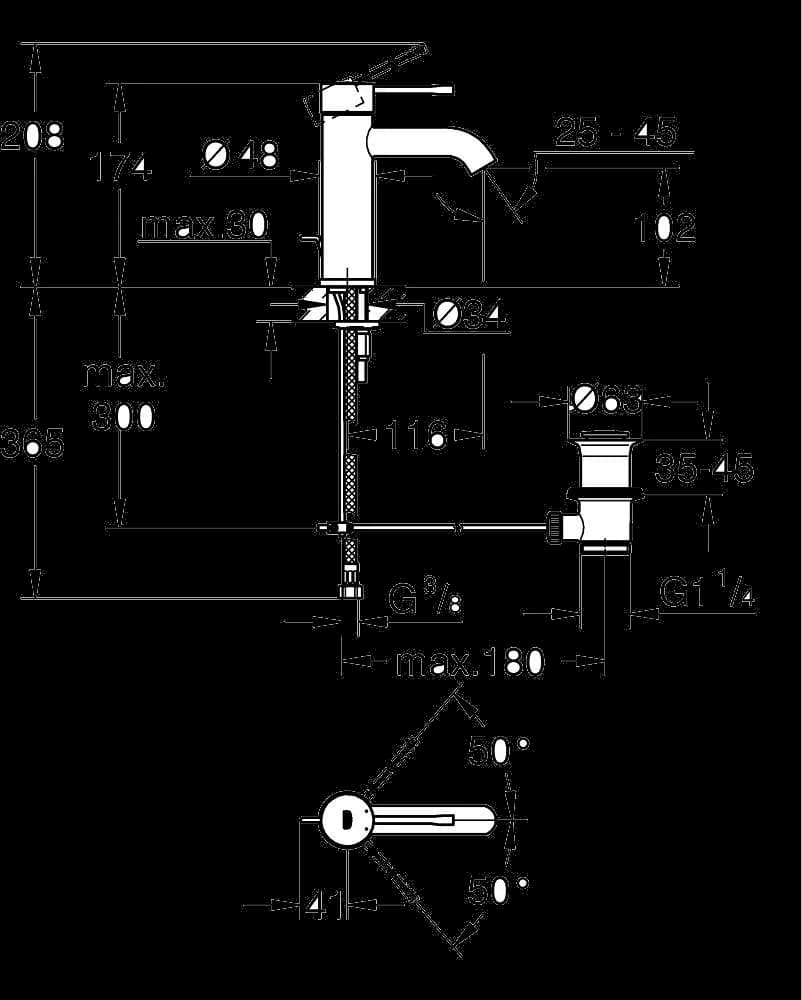 GROHE Essence Baterie lavoar monocomandă 1/2" - desen tehnic cu cote