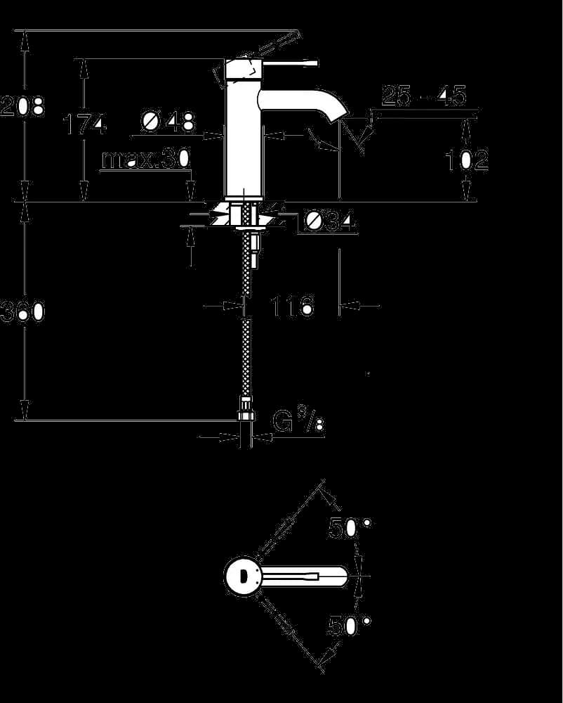 GROHE Essence Baterie lavoar monocomandă 1/2" - desen tehnic cu cote