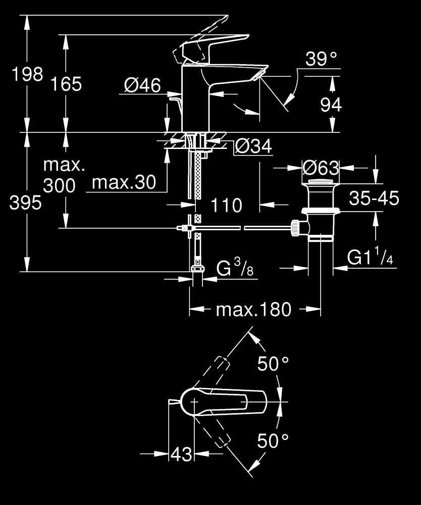 GROHE Start Baterie lavoar monocomandă 1/2" - desen tehnic cu cote