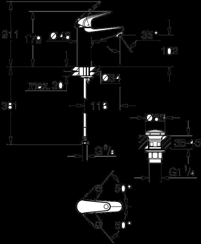 GROHE Swift Baterie lavoar monocomandă 1/2" Mărimea M - desen tehnic cu cote