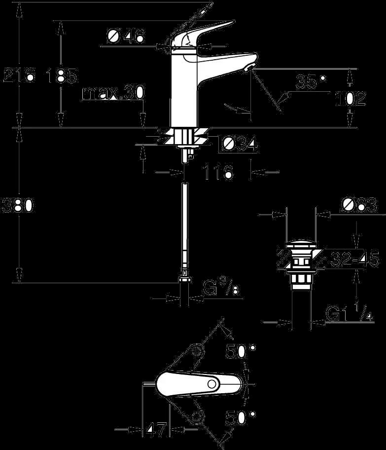 GROHE Swift Baterie lavoar monocomandă 1/2" Mărimea M - desen tehnic cu cote