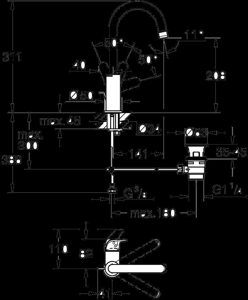 GROHE Swift Baterie lavoar monocomandă 1/2" Mărimea L - desen tehnic cu cote