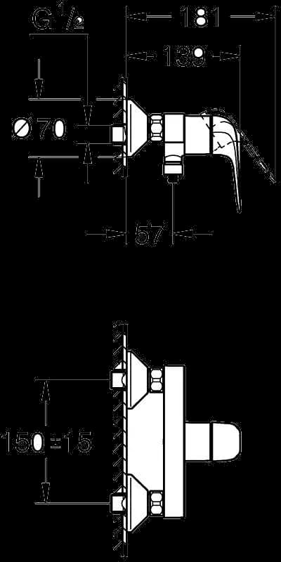GROHE Swift Baterie duş monocomandă 1/2" - desen tehnic cu cote