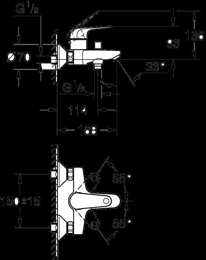 GROHE Swift Baterie cadă monocomandă 1/2" - desen tehnic cu cote