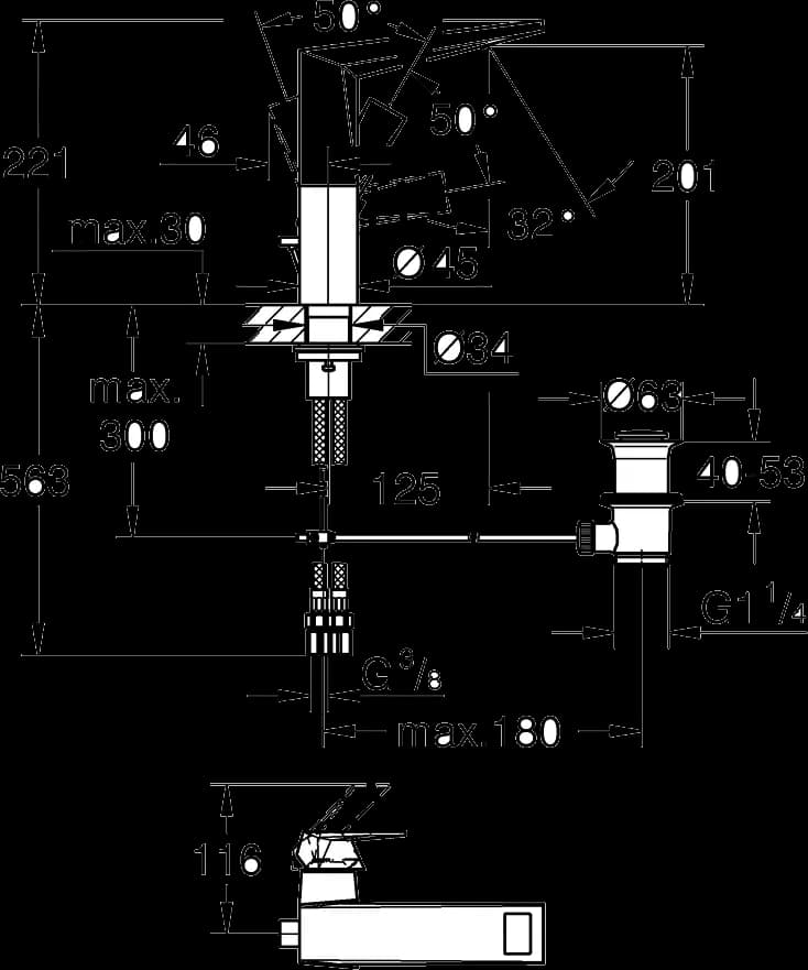 GROHE Allure Brilliant Baterie lavoar monocomandă 1/2" Mărimea L - desen tehnic cu cote