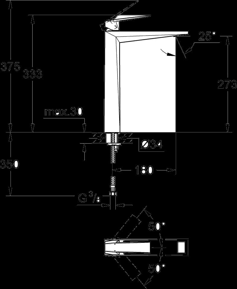 GROHE Allure Brilliant Baterie lavoar monocomandă 1/2" Mărimea XL - desen tehnic cu cote