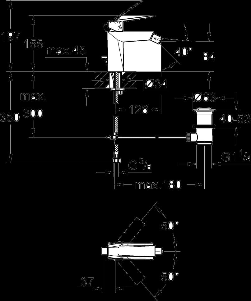 GROHE Allure Brilliant Baterie bideu monocomandă 1/2" - desen tehnic cu cote