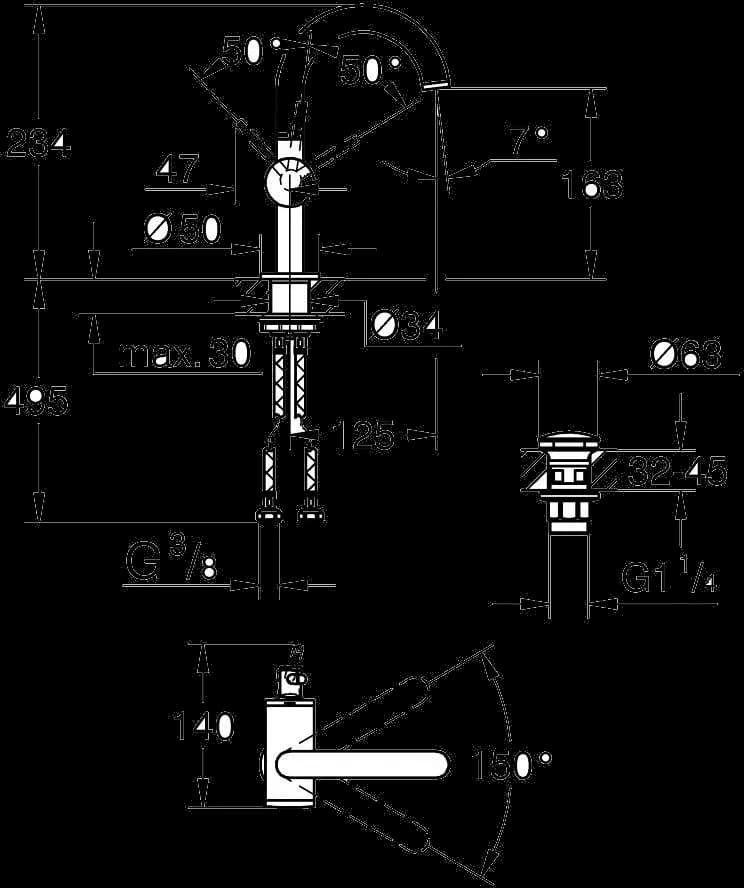GROHE Atrio Baterie lavoar monocomandă 1/2" Mărimea M - desen tehnic cu cote