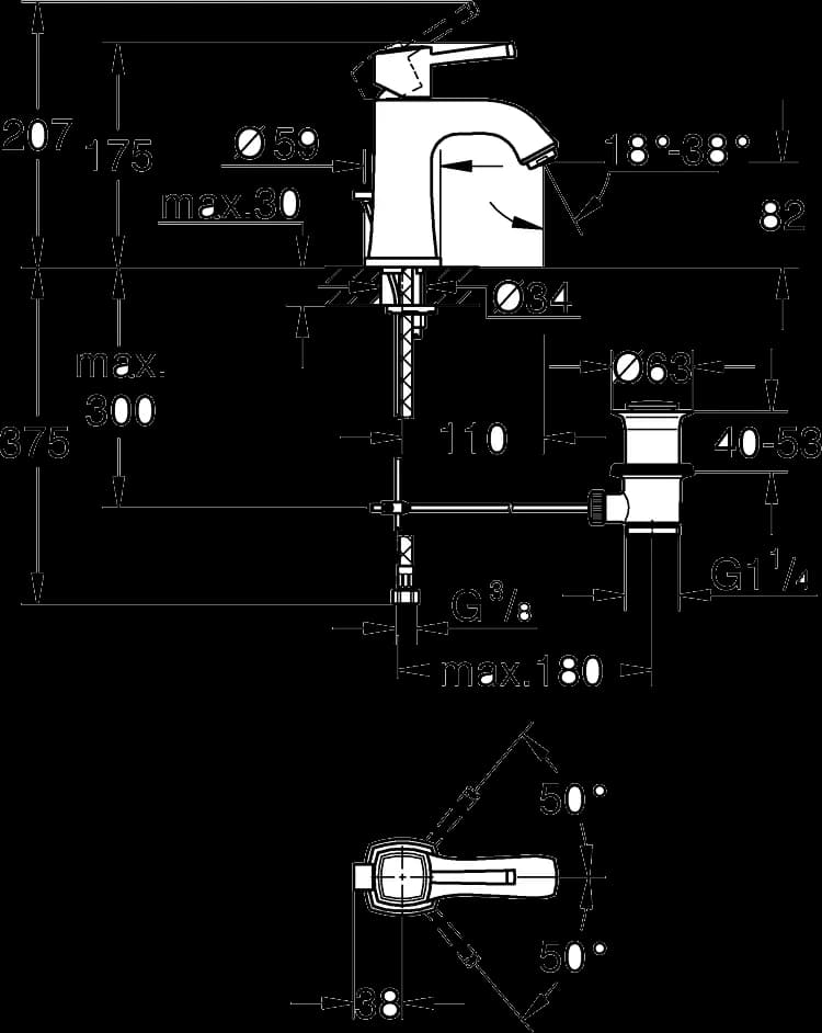 GROHE Grandera Baterie lavoar monocomandă 1/2" Mărimea M - desen tehnic cu cote