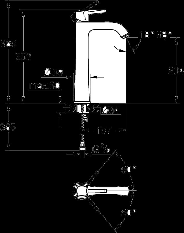 GROHE Grandera Baterie lavoar monocomandă 1/2" Mărimea XL - desen tehnic cu cote