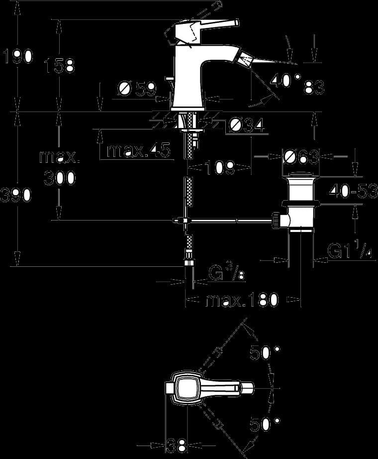 GROHE Grandera Baterie bideu monocomandă 1/2" - desen tehnic cu cote