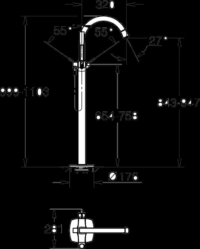 GROHE Grandera Baterie cadă monocomandă 1/2", montare pe podea - desen tehnic cu cote