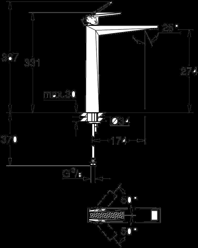 GROHE Allure Brilliant Private Collection Baterie lavoar monocomandă 1/2" Mărimea XL - desen tehnic cu cote