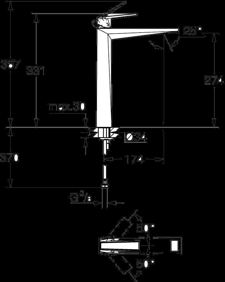 GROHE Allure Brilliant Private Collection Baterie lavoar monocomandă 1/2" Mărimea XL - desen tehnic cu cote