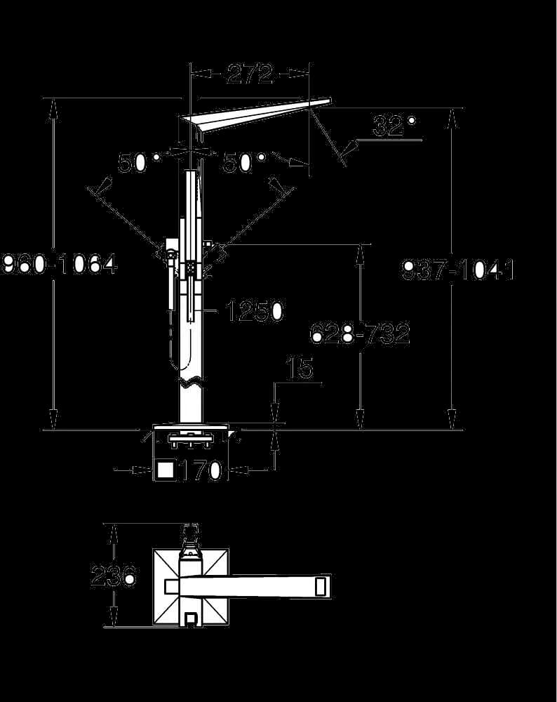 GROHE Allure Brilliant Private Collection Baterie cadă monocomandă 1/2", montare pe podea - desen tehnic cu cote