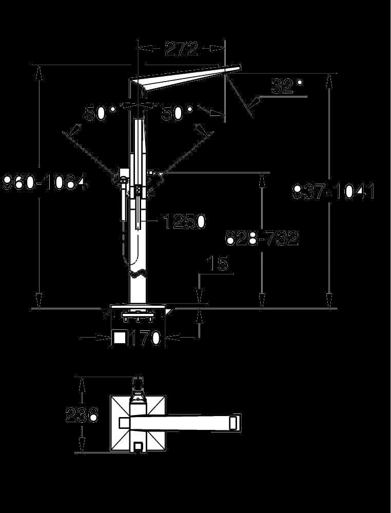 GROHE Allure Brilliant Private Collection Baterie cadă monocomandă 1/2", montare pe podea - desen tehnic cu cote