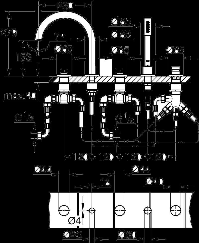 GROHE Atrio Private Collection Baterie cadă cu 5 elemente - desen tehnic cu cote