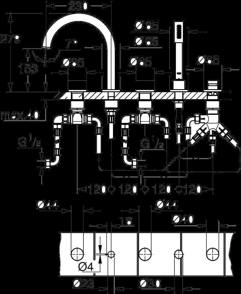 GROHE Atrio Private Collection Baterie cadă cu 5 elemente - desen tehnic cu cote