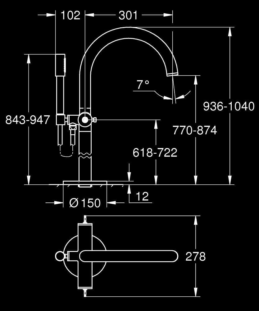 GROHE Atrio Private Collection Baterie cadă 1/2" - desen tehnic cu cote