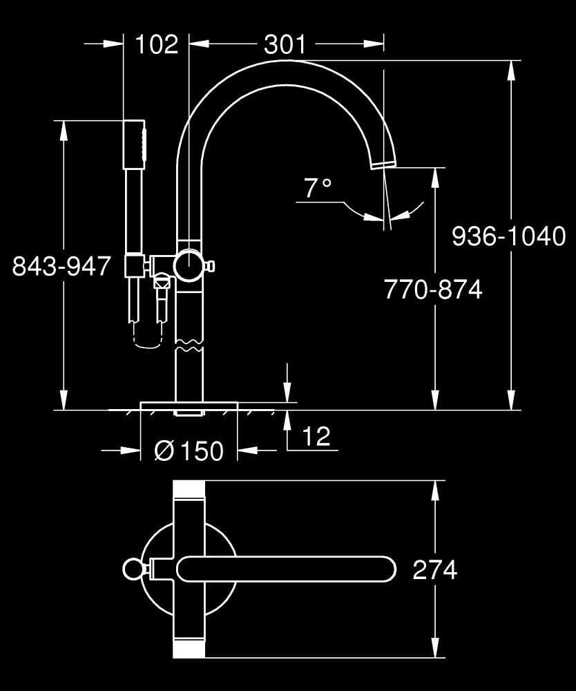 GROHE Atrio Private Collection Baterie cadă 1/2" - desen tehnic cu cote