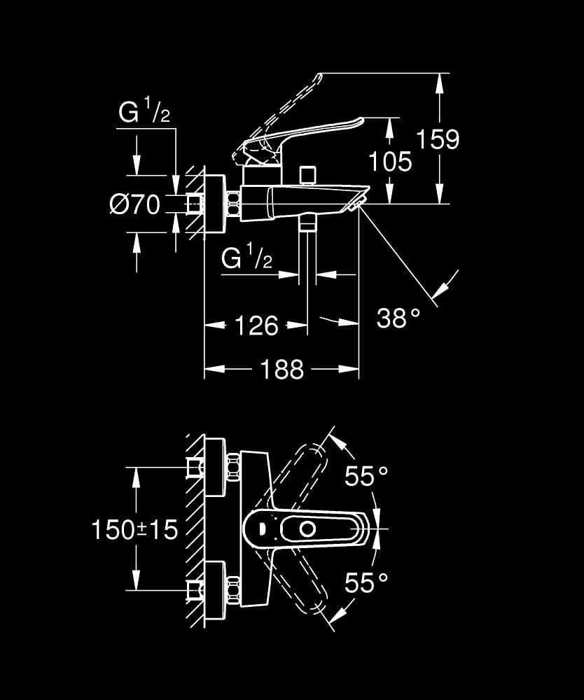 GROHE Eurosmart Baterie cadă monocomandă 1/2" - desen tehnic cu cote