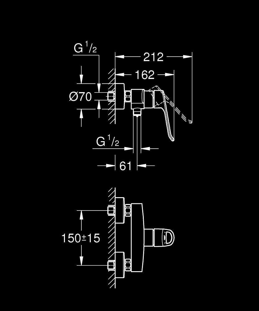 GROHE Eurosmart Baterie duş monocomandă 1/2" - desen tehnic cu cote
