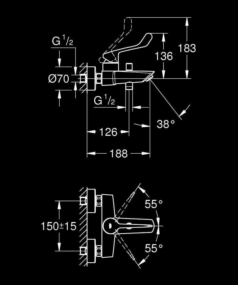 GROHE Eurosmart Baterie cadă monocomandă 1/2" - desen tehnic cu cote