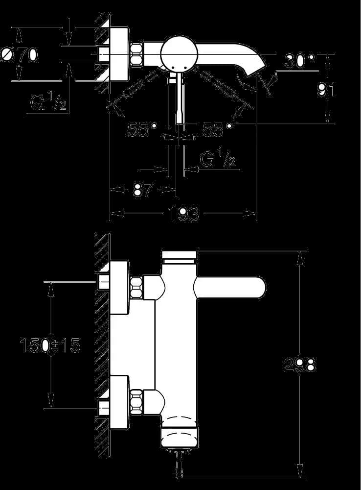 GROHE Essence Baterie cadă monocomandă 1/2" - desen tehnic cu cote